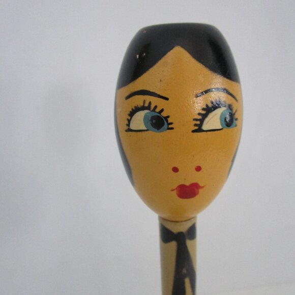 Egg Head Flapper Wooden Hat Stand Painted Blue Eyes Lathe Turned Millinery Decor main image 9